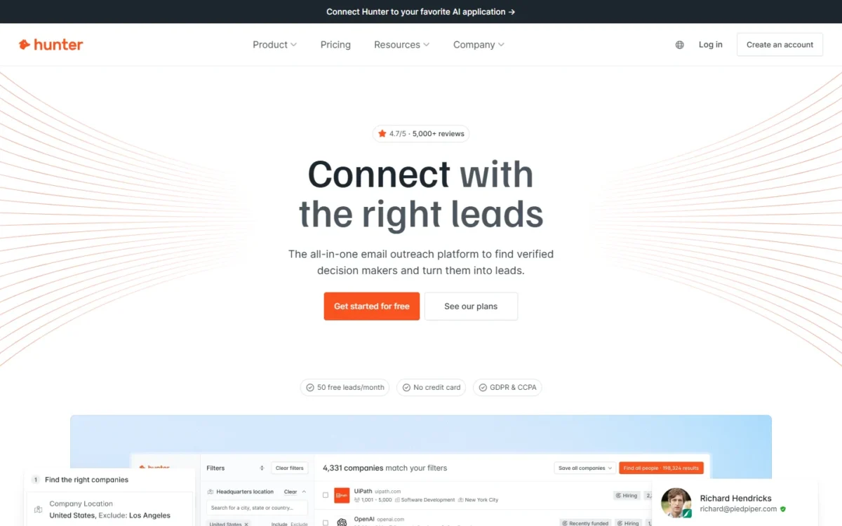 Hunter homepage first screen with the headline Connect with the right leads, a Get started for free button and the badges 50 free leads/month and No credit card
