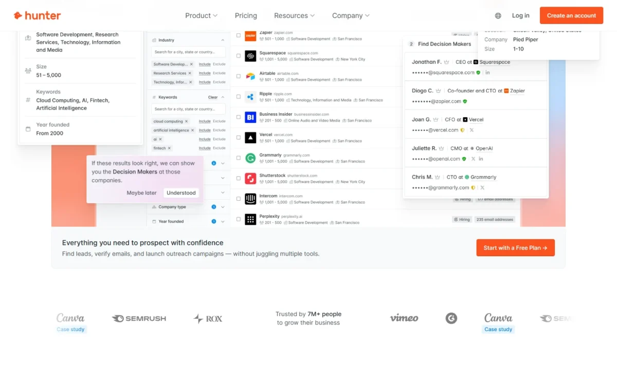 Hunter homepage product demo with a company filter list and a Find Decision Makers panel listing contacts by job title