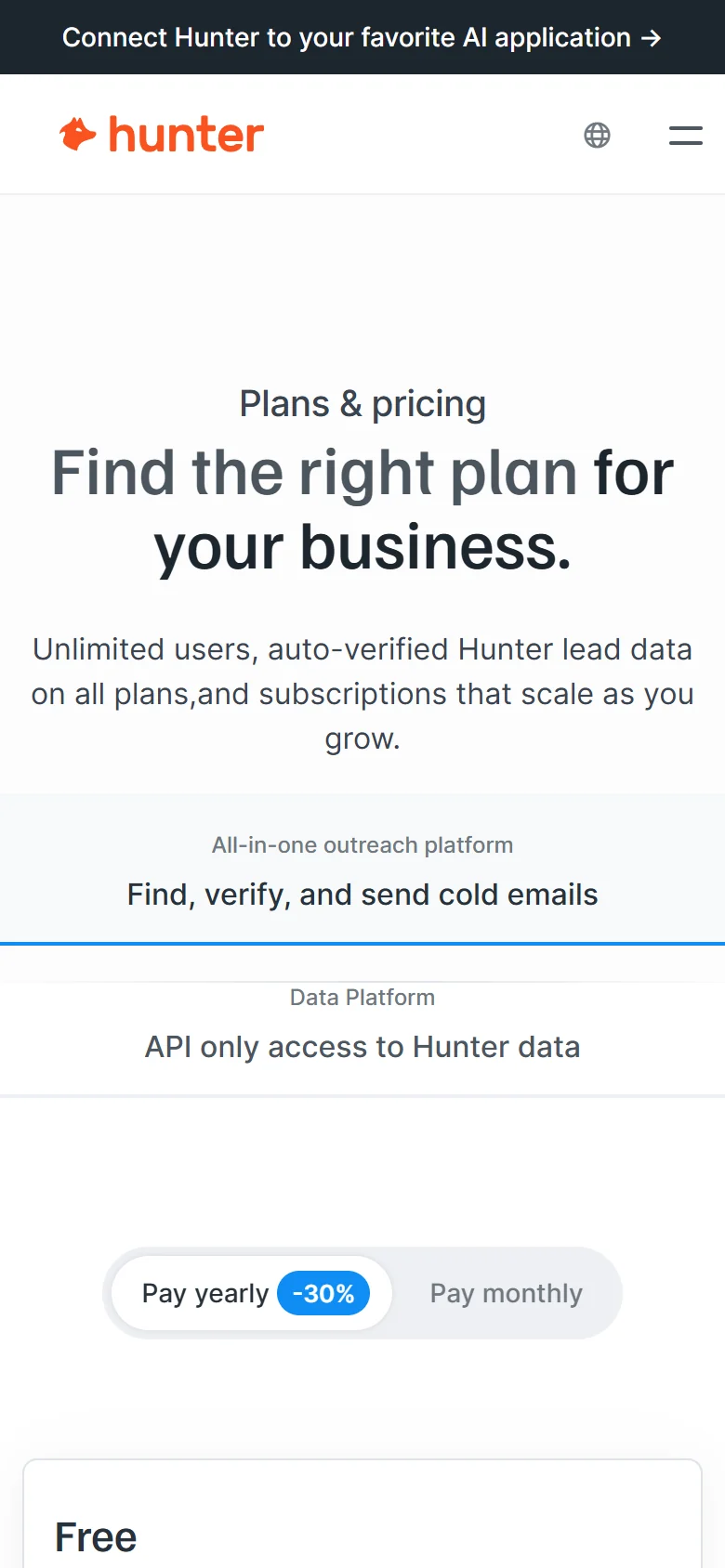 Hunter pricing page on a phone showing the headline Find the right plan for your business, the line Unlimited users on all plans, and a Pay yearly and Pay monthly toggle