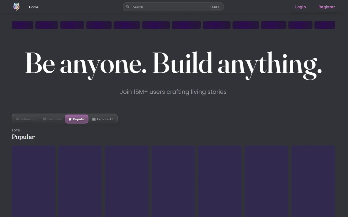 Janitor AI homepage first screen with the headline Be anyone. Build anything.