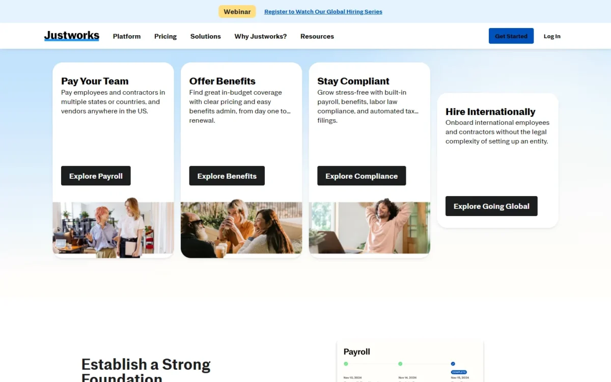 Justworks homepage cards for Pay Your Team, Offer Benefits, Stay Compliant and Hire Internationally