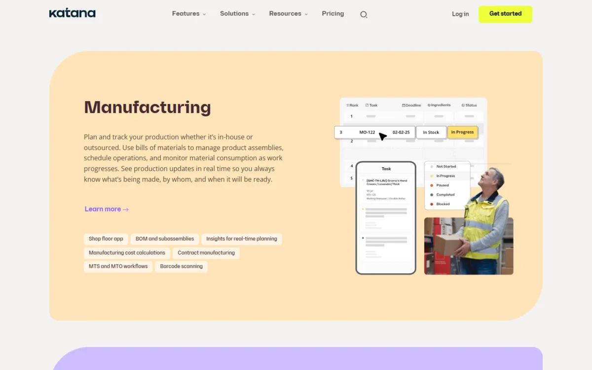 Katana features page Manufacturing section listing shop floor app, BOM and subassemblies, contract manufacturing and MTS and MTO workflows