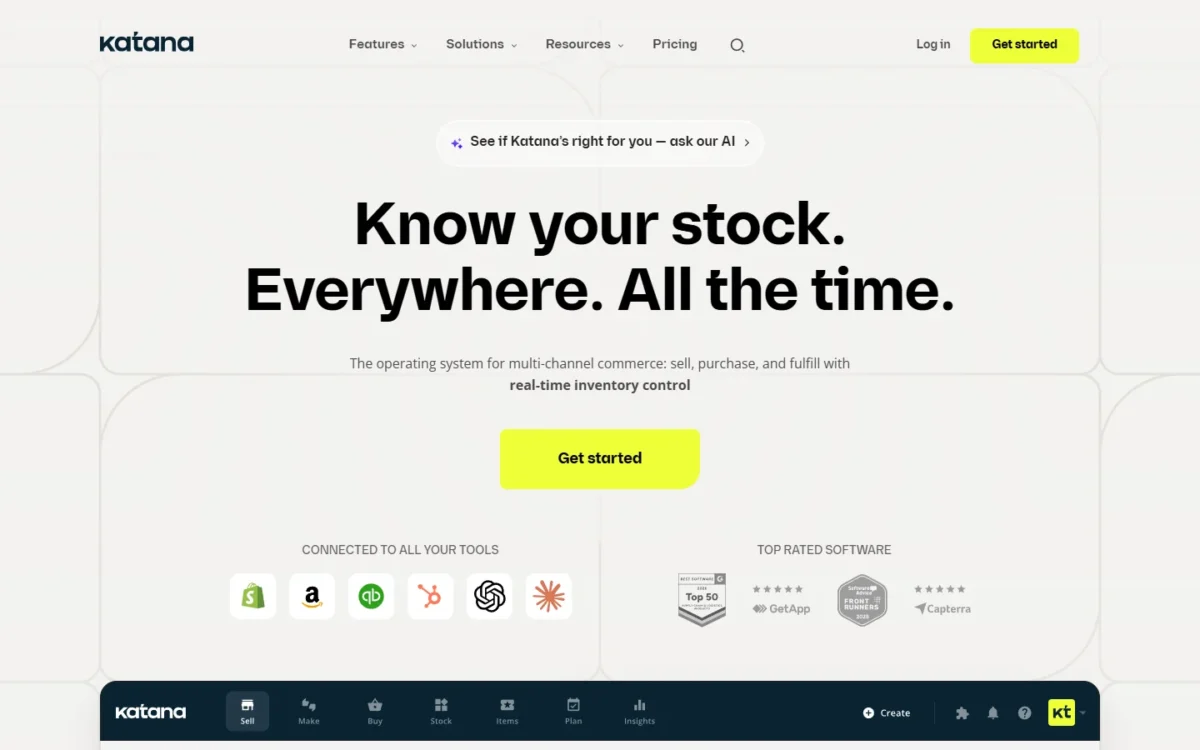 Katana homepage first screen with the headline Know your stock and a Get started button