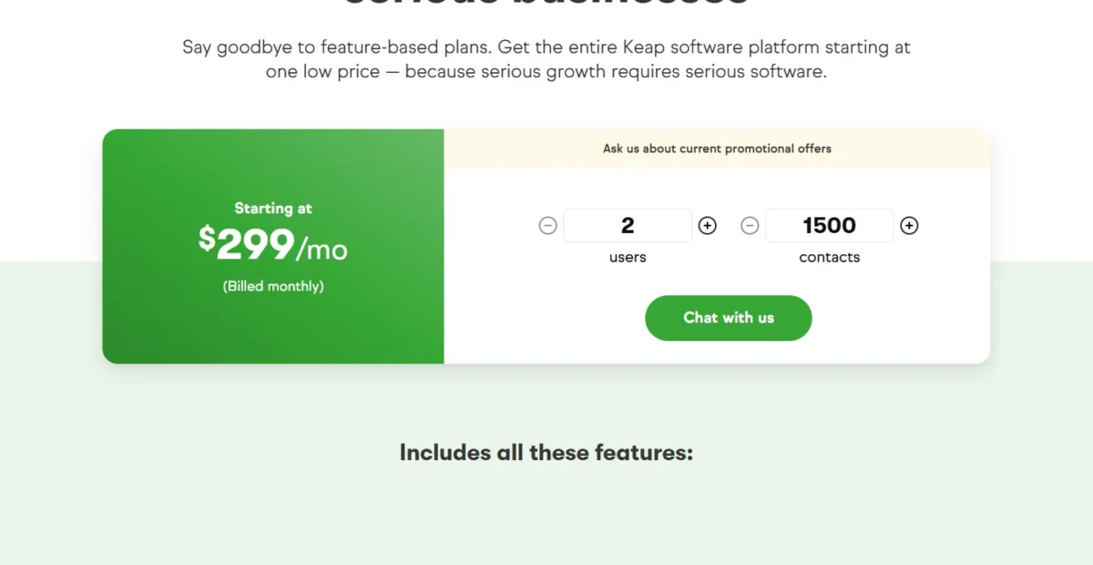 Keap pricing page showing a starting price of $299 per month, billed monthly