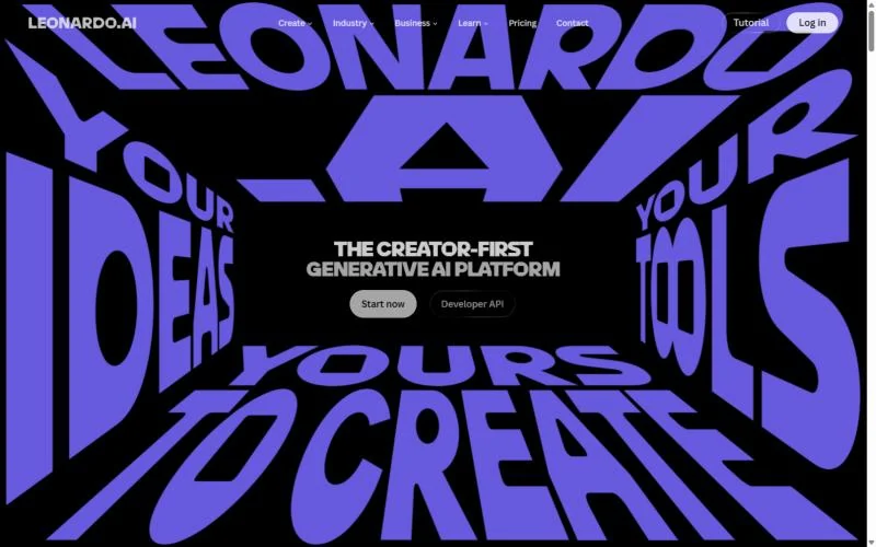 Leonardo AI homepage, first screen with the creator-first generative AI platform headline