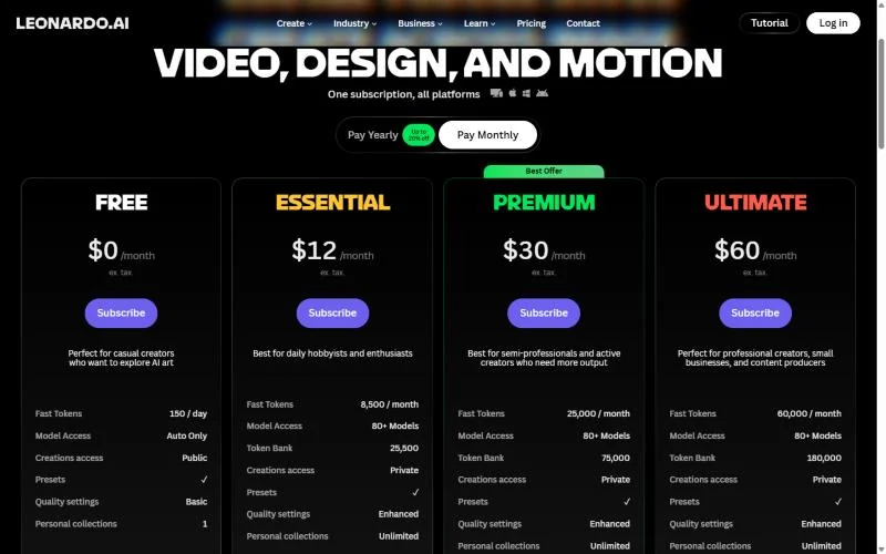 Leonardo.Ai pricing page, Pay Monthly view: Free $0, Essential $12, Premium $30 and Ultimate $60 a month, ex. tax