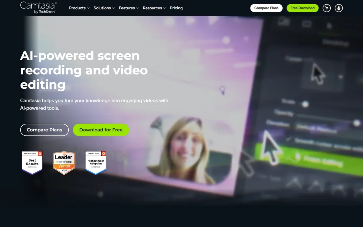 Camtasia homepage, first screen