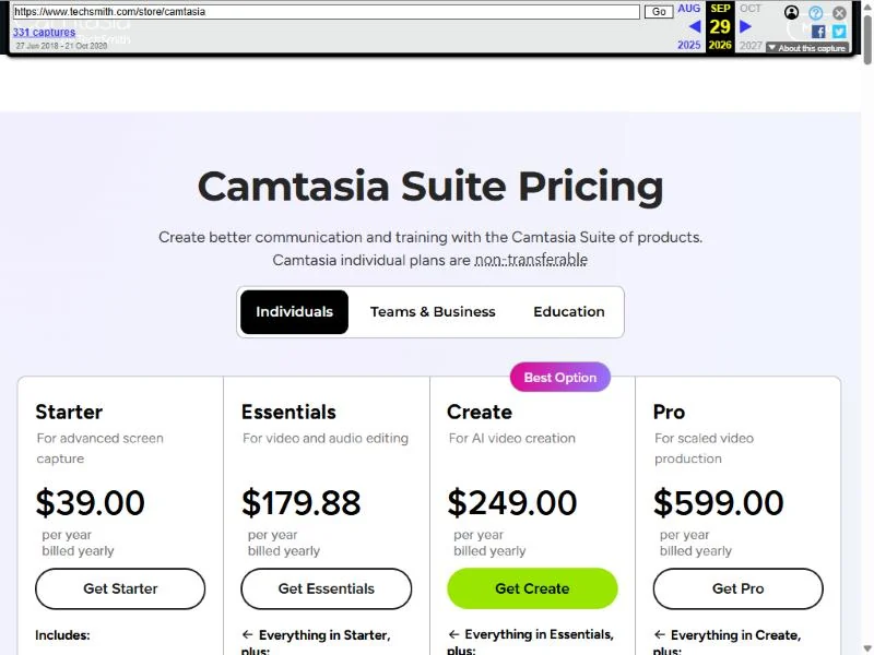 Camtasia store on the Individuals tab with the Starter, Essentials, Create and Pro plans, Internet Archive copy