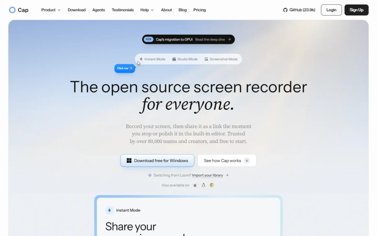 Cap homepage, first screen