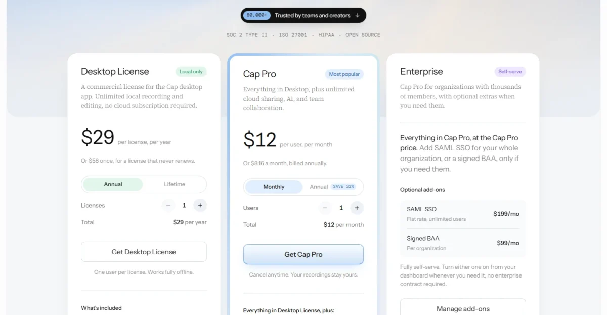 Cap pricing page with the Desktop License and Cap Pro plans