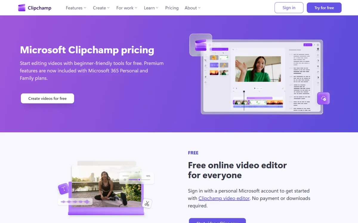 Microsoft Clipchamp pricing page introducing its free video editor