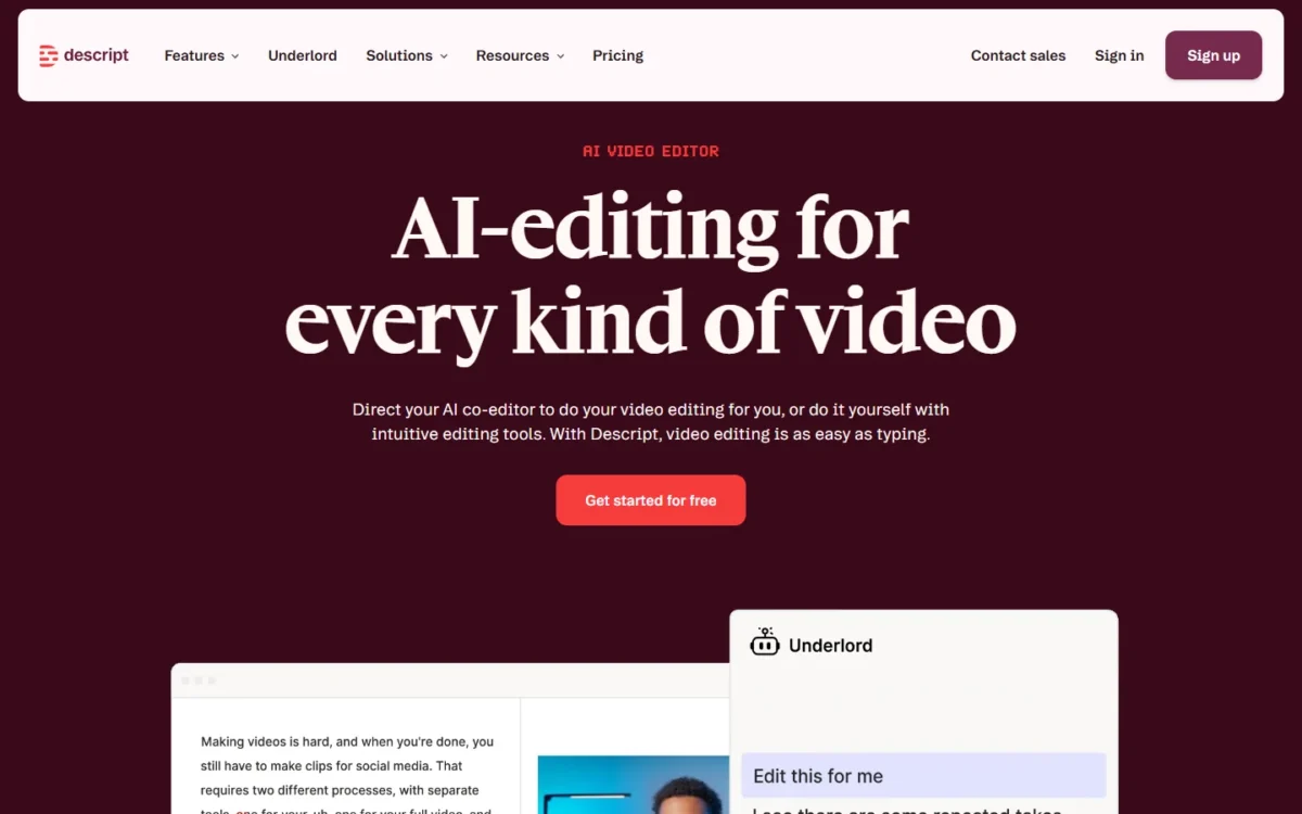 Descript homepage, first screen