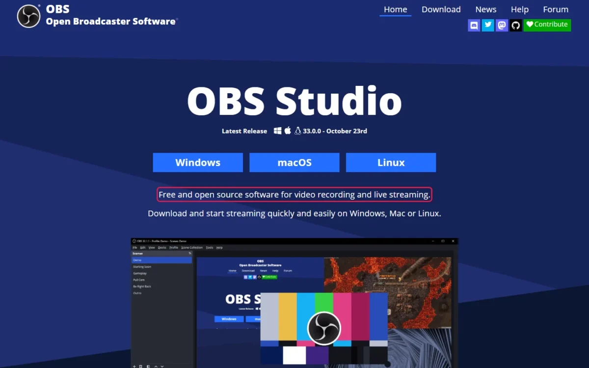 OBS Studio homepage with its free and open source statement outlined