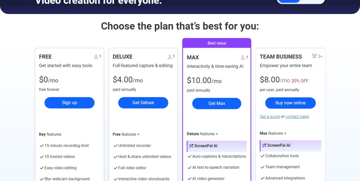 ScreenPal plans page with Free, Deluxe, Max and Team Business
