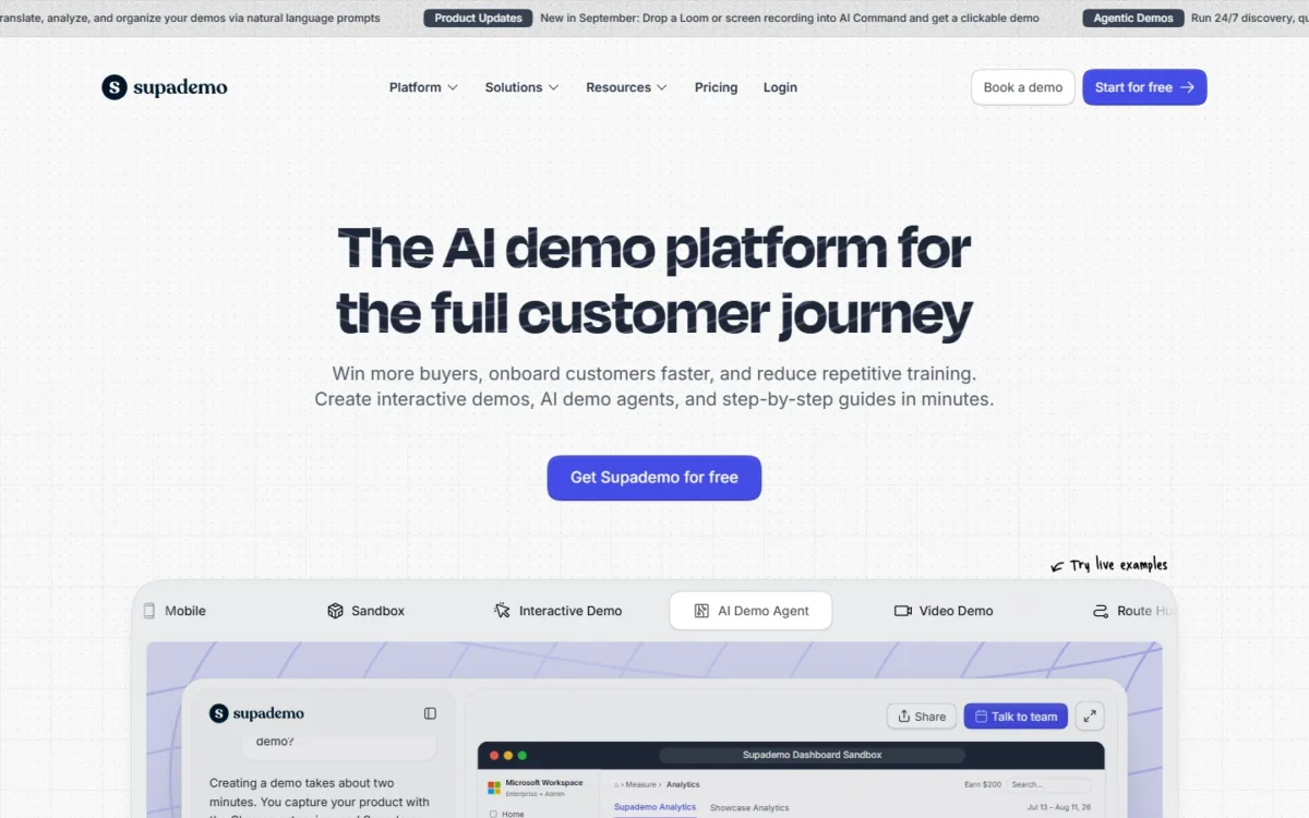 Supademo homepage, first screen