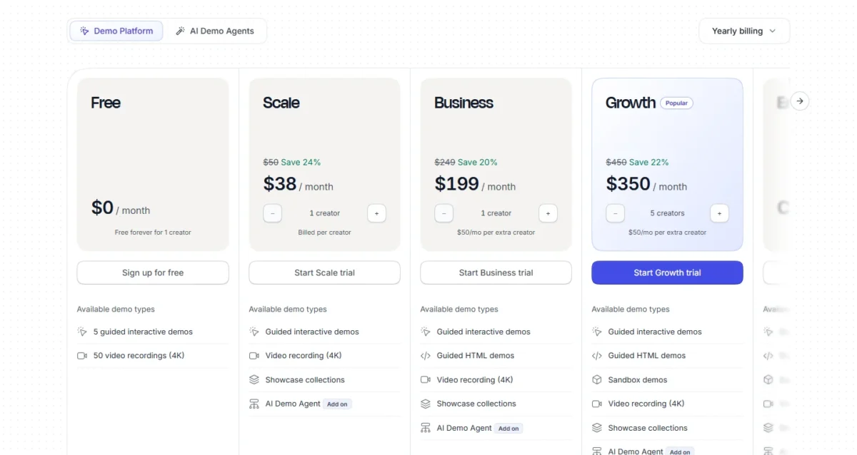 Supademo pricing page with Free, Scale, Business and Growth
