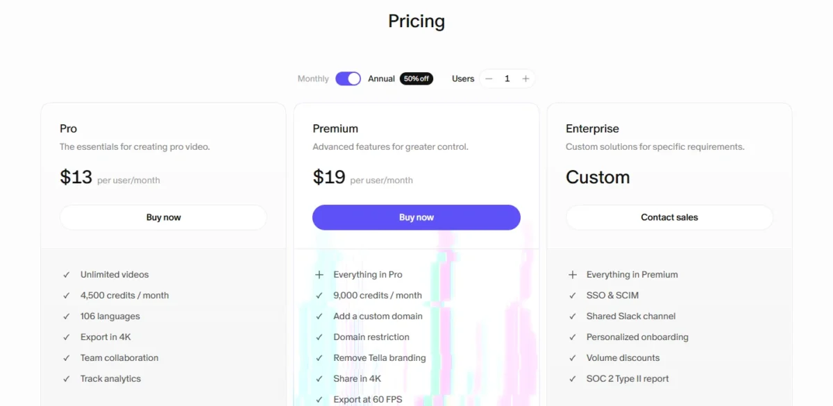 Tella pricing page on the Annual view with Pro, Premium and Enterprise
