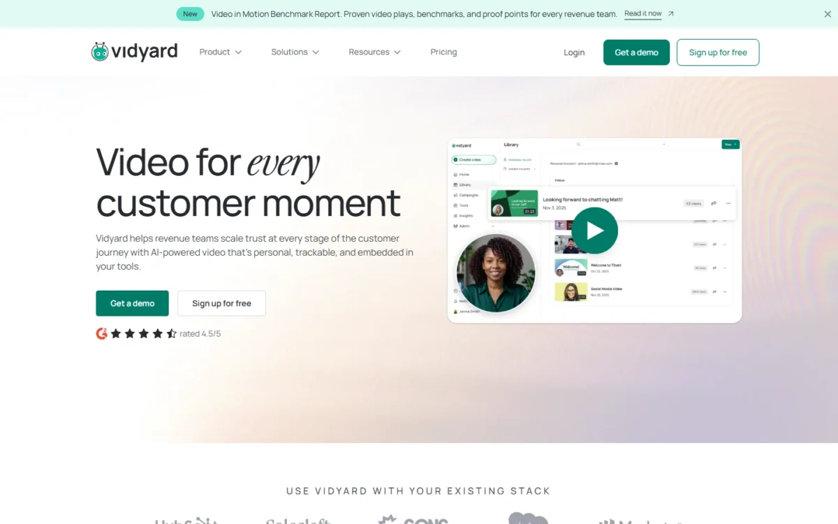 Vidyard homepage, first screen