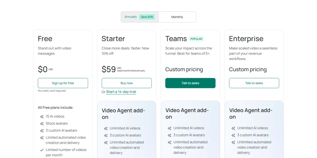 Vidyard pricing page with its Free, Starter, Teams and Enterprise plans