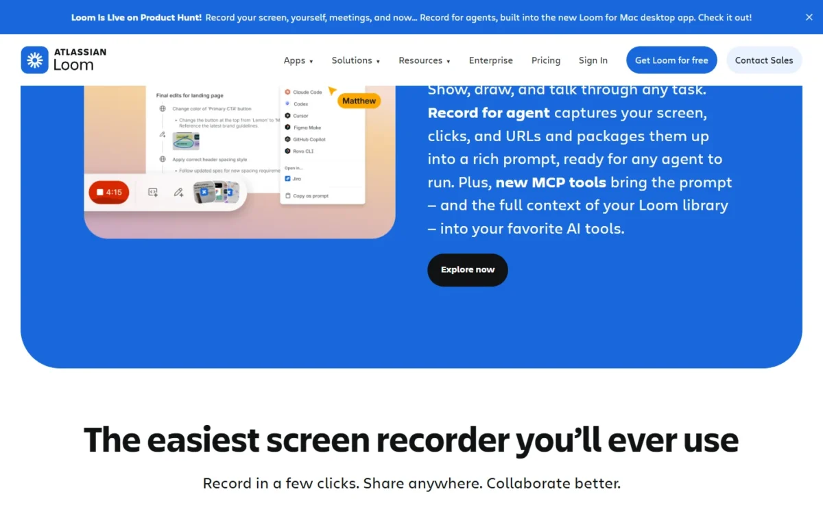 Loom homepage section describing Record for agent and MCP tools