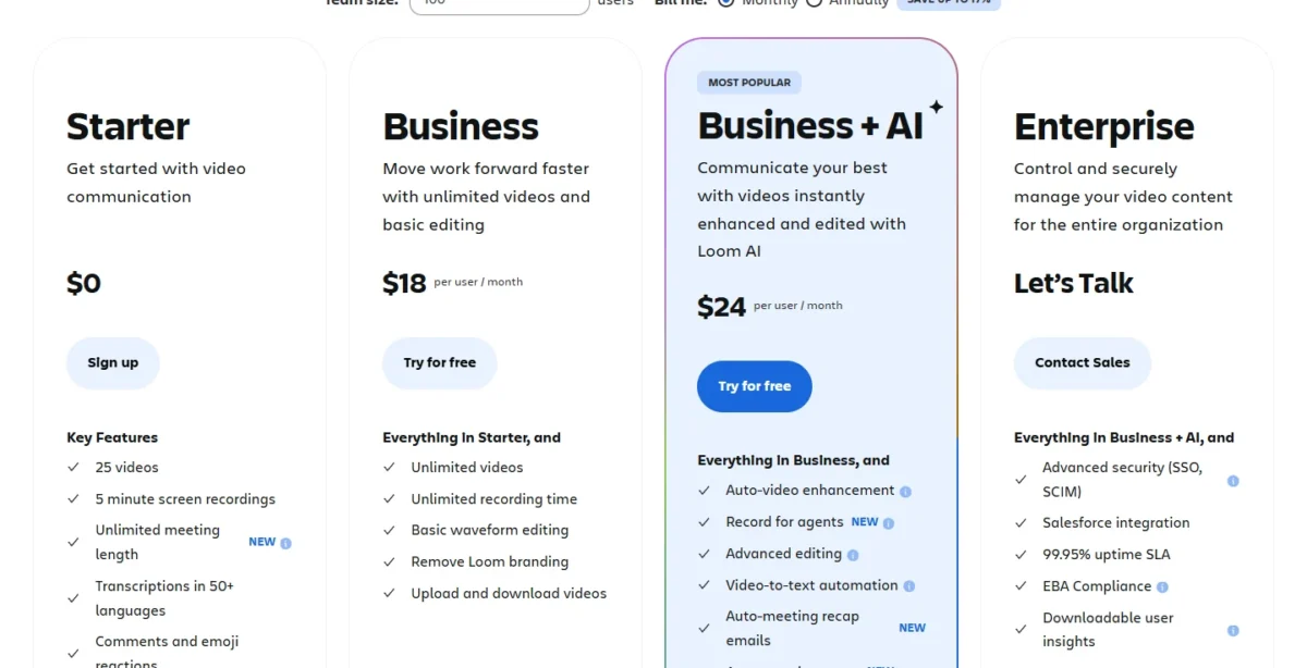 Loom's pricing page with Starter at $0, Business at $18 and Business + AI at $24 per user per month, Monthly view