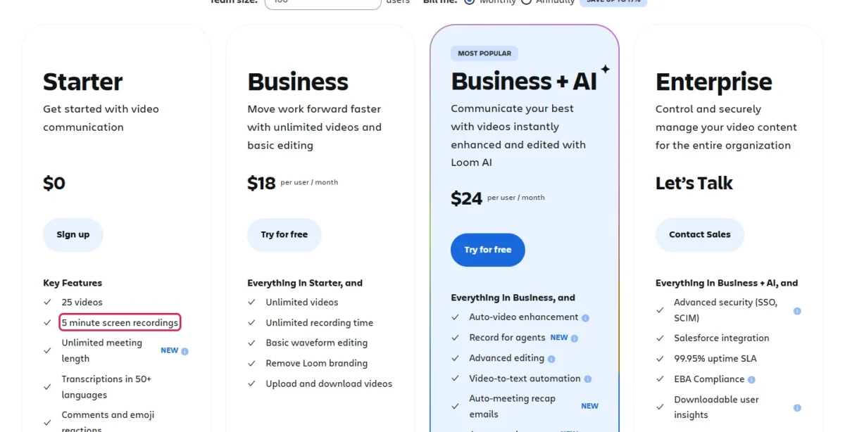Loom's pricing page with the Starter line "5 minute screen recordings" outlined