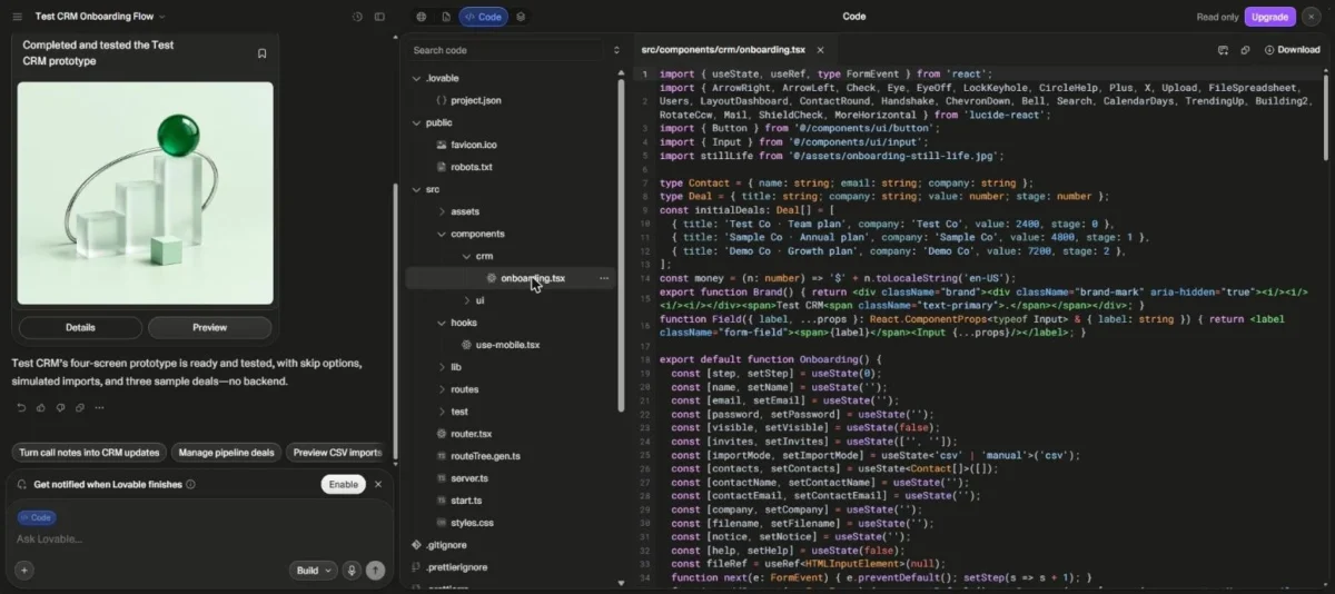 Lovable Code view of the onboarding.tsx file marked Read only next to an Upgrade button