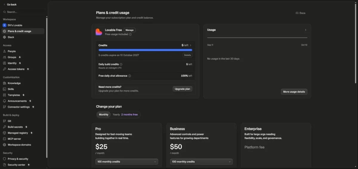 Lovable Plans and credit usage page on the Free plan before the build, with 5 daily build credits left