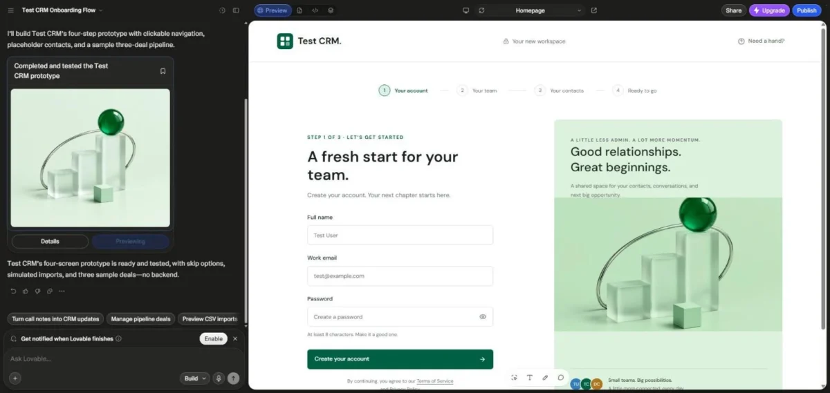 Lovable preview of the Test CRM onboarding prototype with a 4-step bar and a sign-up form labelled step 1 of 3