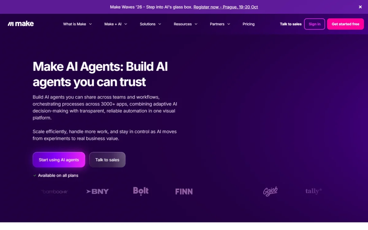 Make AI Agents page headline Build AI agents you can trust, with an Available on all plans note