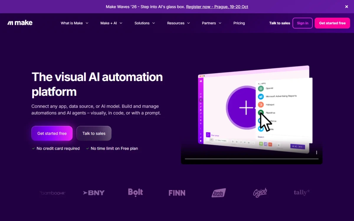 Make homepage first screen with the headline The visual AI automation platform and a Get started free button