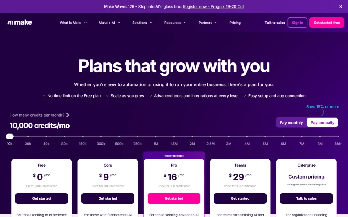 Make pricing page with Pay annually selected at 10,000 credits a month: Free at $0, Core at $9, Pro at $16, Teams at $29 a month and Enterprise custom pricing