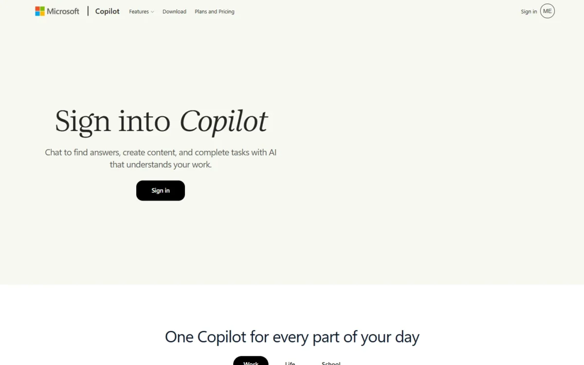 Microsoft Copilot homepage with the sign-in prompt and the Plans and Pricing link