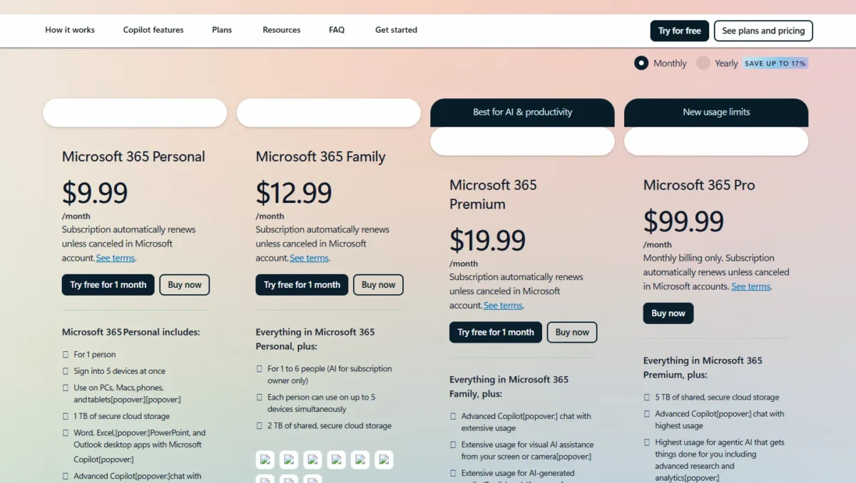 Microsoft Copilot plans page for individuals with monthly prices for Personal, Family, Premium and Pro