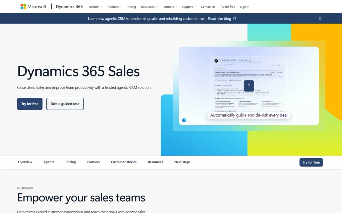 Dynamics 365 Sales homepage with the headline Dynamics 365 Sales and Try for free and guided tour buttons
