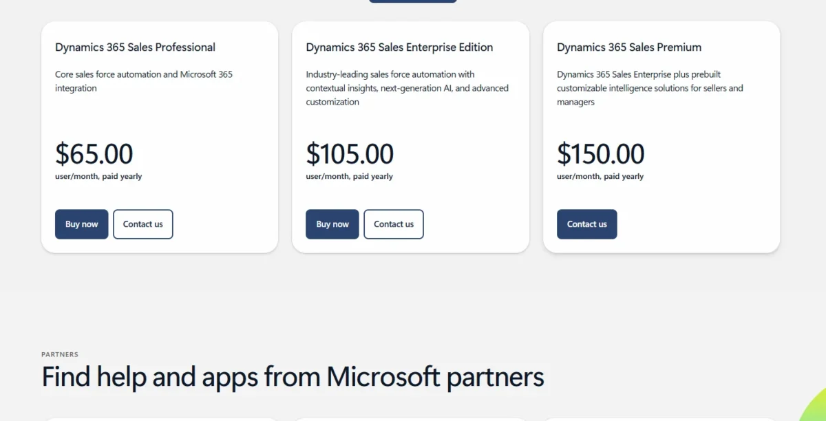 Dynamics 365 Sales plan cards showing Sales Professional at $65.00, Sales Enterprise at $105.00 and Sales Premium at $150.00 per user per month, paid yearly