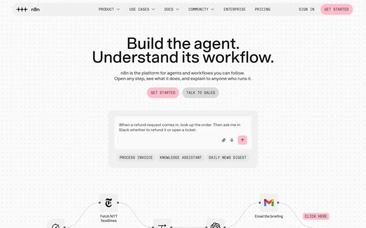 n8n homepage, first screen, with the headline Build the agent. Understand its workflow.