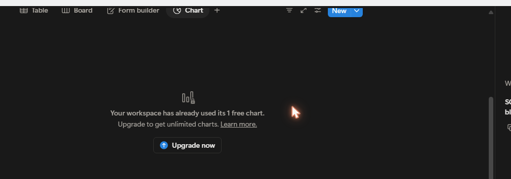 Screenshot of a Notion Chart view on the Free Plan reading Your workspace has already used its 1 free chart, with Upgrade now Screenshot of a Notion Chart view on the Free Plan reading Your workspace has already used its 1 free chart, with Upgrade now