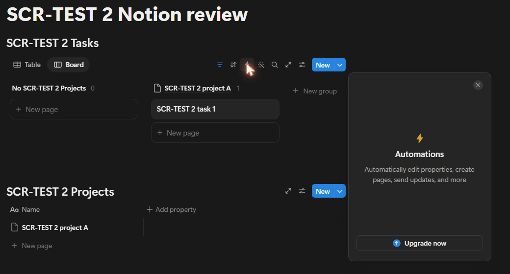 Screenshot of the Notion Automations card on a Free Plan board with a single Upgrade now button and no trigger editor Screenshot of the Notion Automations card on a Free Plan board with a single Upgrade now button and no trigger editor