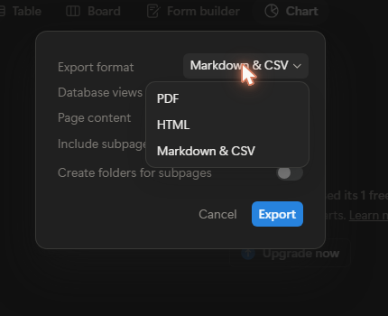 Screenshot of the Notion Export dialog on the Free Plan with the format list open: PDF, HTML and Markdown & CSV Screenshot of the Notion Export dialog on the Free Plan with the format list open: PDF, HTML and Markdown & CSV