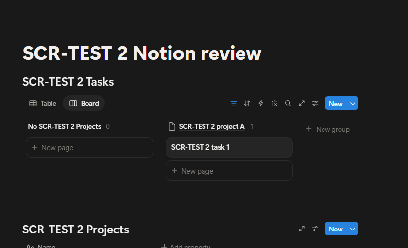 Screenshot of a Notion Board view on the Free Plan with the card SCR-TEST 2 task 1 in the SCR-TEST 2 project A column Screenshot of a Notion Board view on the Free Plan with the card SCR-TEST 2 task 1 in the SCR-TEST 2 project A column
