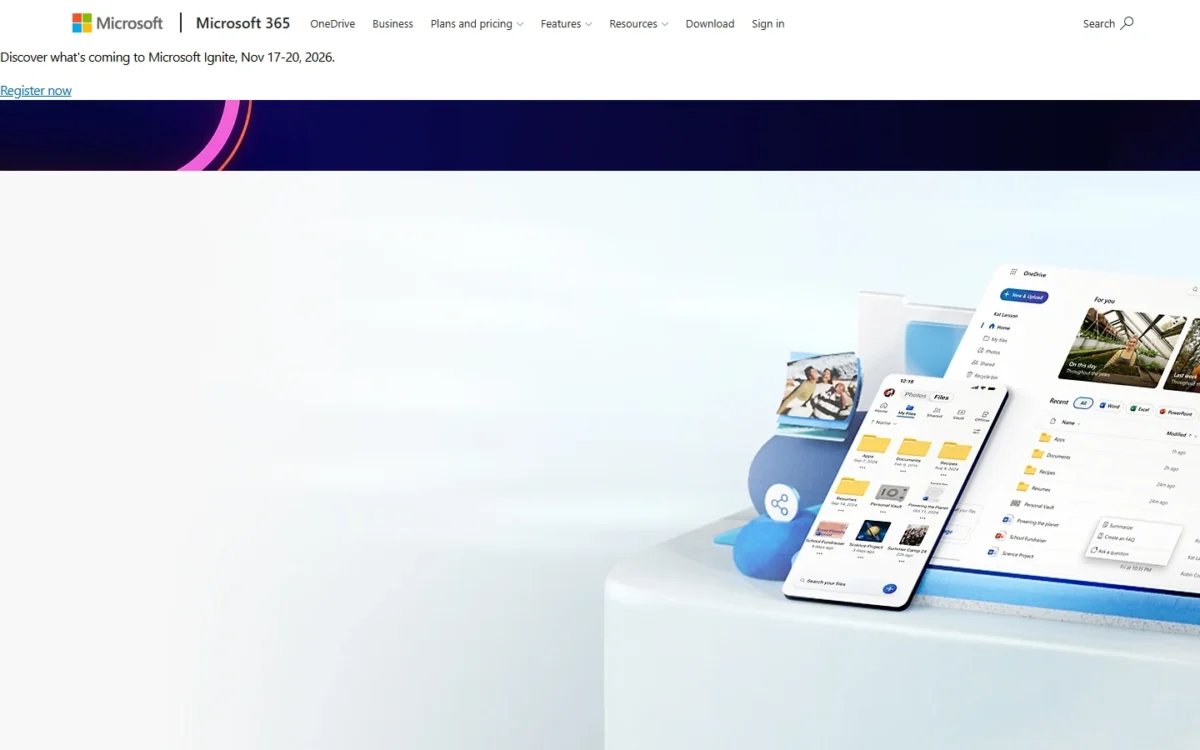OneDrive homepage on microsoft.com, first screen