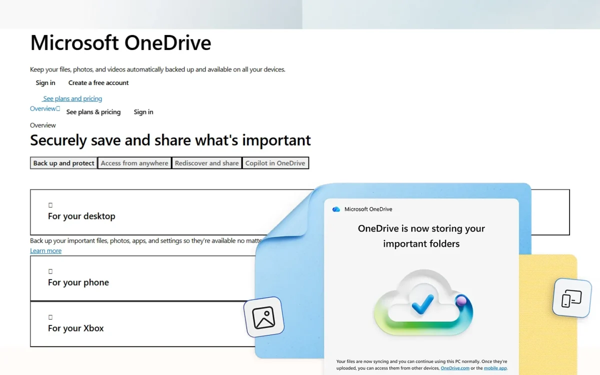 OneDrive homepage section with the message that OneDrive is now storing your important folders