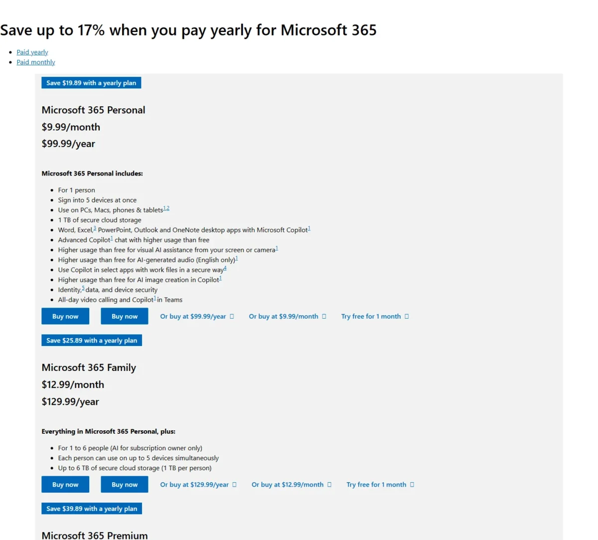 Microsoft 365 pricing page listing Personal at $9.99/month or $99.99/year and Family at $12.99/month or $129.99/year