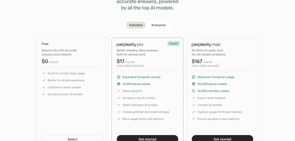 Perplexity pricing page showing Free at $0, Pro at $17 and Max at $167 per month when billed annually