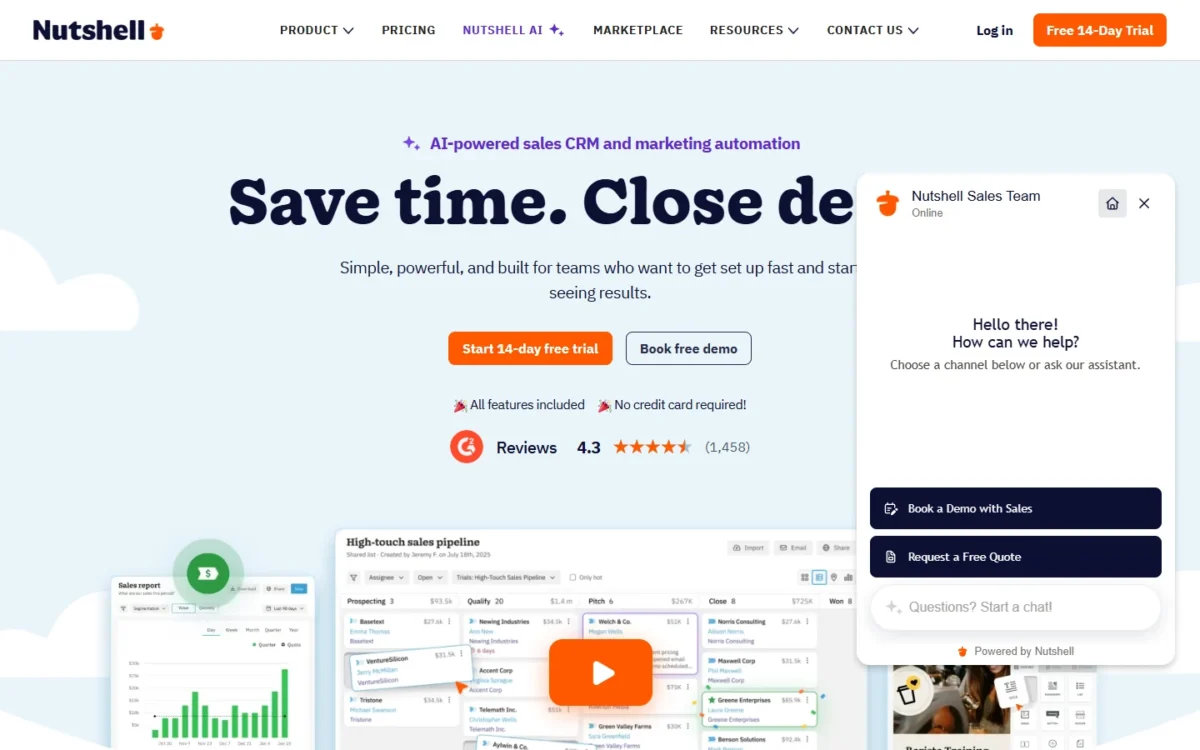 Nutshell homepage, first screen, with its sales CRM and marketing automation headline