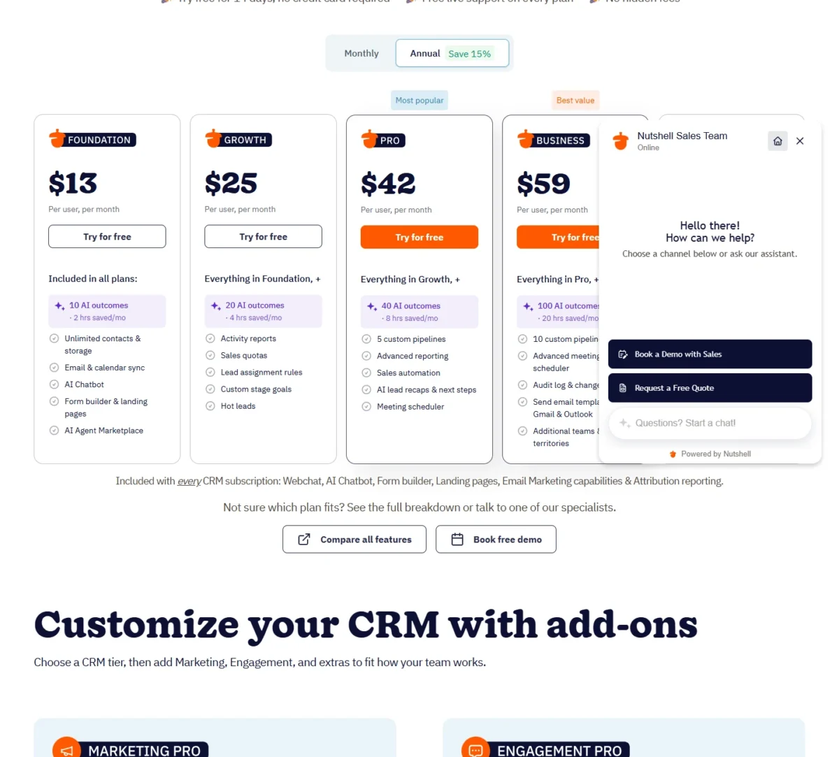 Nutshell pricing page on the Annual view: Foundation $13, Growth $25, Pro $42 and Business $59 per user per month