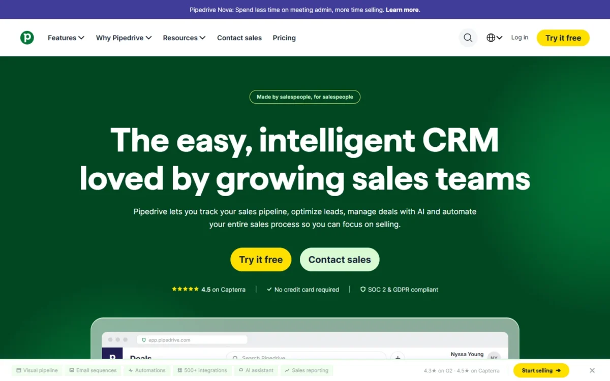 Pipedrive homepage hero: The easy, intelligent CRM loved by growing sales teams