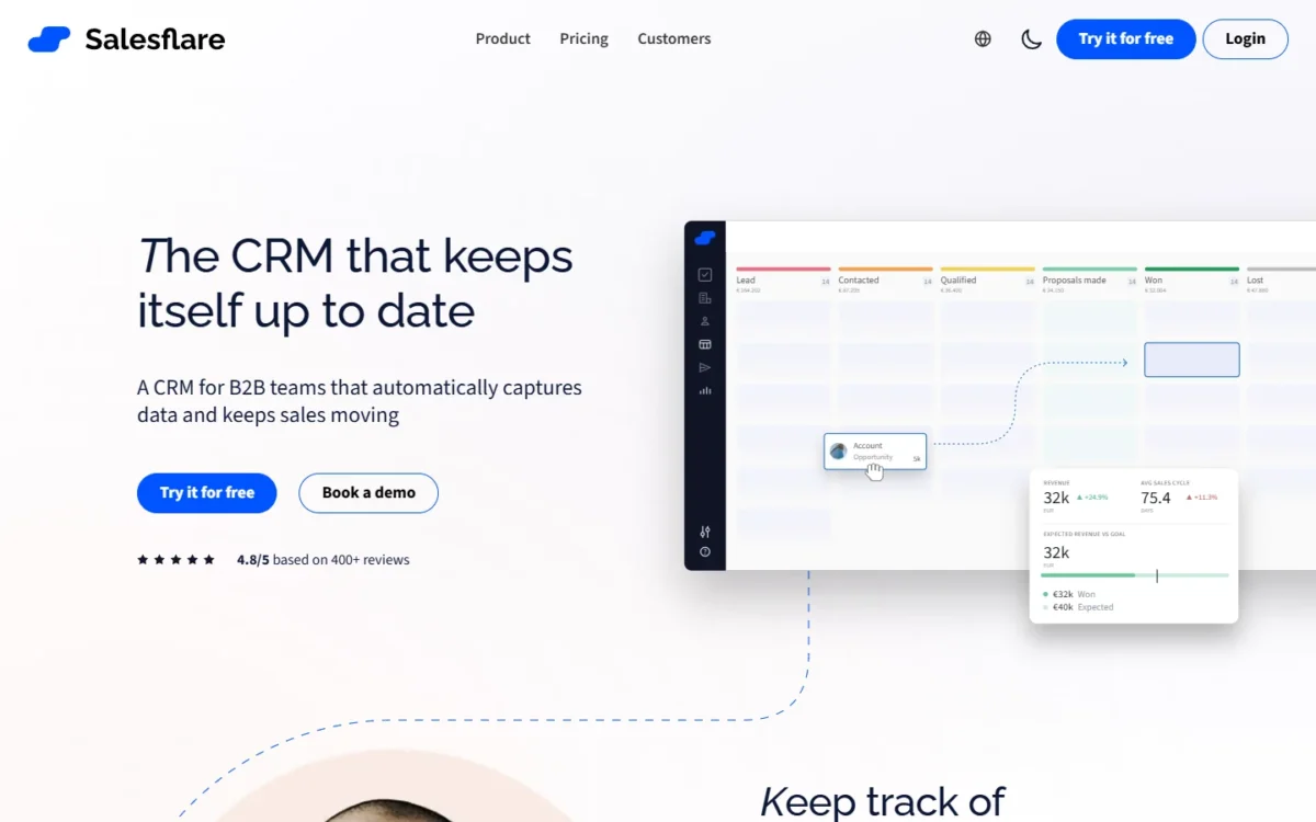 Salesflare homepage hero: The CRM that keeps itself up to date