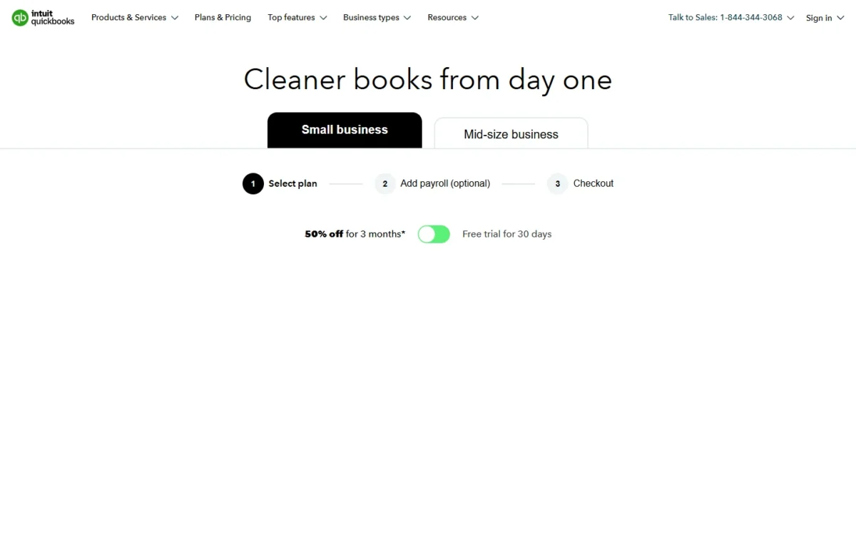 QuickBooks Online pricing page with the 50% off for 3 months and Free trial for 30 days toggle